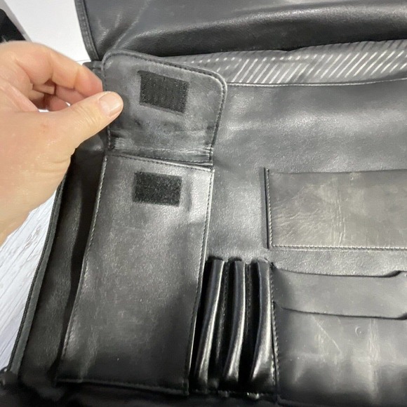 Black Leather Messenger Bag Magnetic Snap Button Close Shoulder Strap - Picture 8 of 16